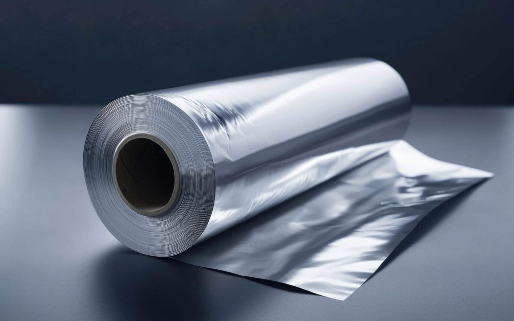 A single roll of aluminum foil sits on a table, ready for use.